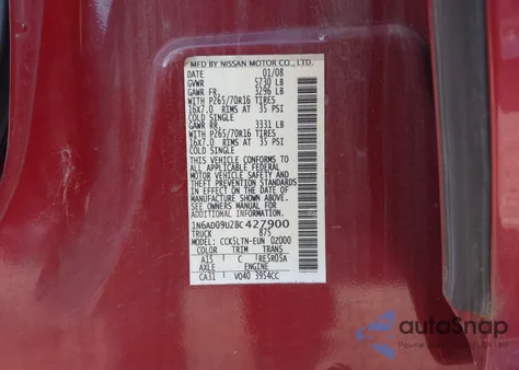 2008 Nissan Frontier Se from USA, damaged, VIN 1N6AD09U28C427900